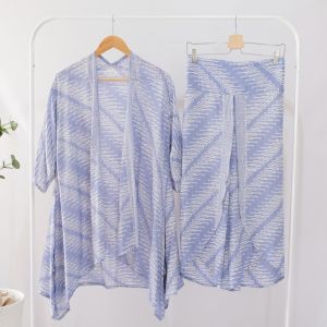 ONE SET BATIK WANITA MODERN SETELAN CELANA PANJANG BATIK SET BATIK KULOT BATIK LEBARAN BATIK KONDANGAN - BIRU MUDA BERLENGAN