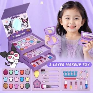 Kuromi Kids Makeup Box Kit For Girls Real Washable Cosmetic Pretend Play Toy 3 floors With Mirror