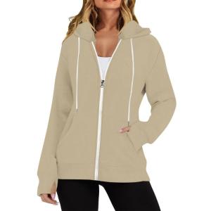 Solid Color Long Sleeve Pocket Drawstring Hood Zipper Thumb Hole Sweatshirt
