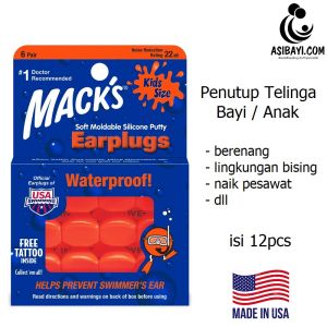 Macks Earplugs Kids Size Soft Moldable Silicone Putty Penutup Telinga Anak dan Bayi Naik Pesawat Berenang Tidur Anti Bising Macks Earplug