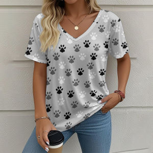 [Local Stock] ZEEMIN Summer Animal Paw Prints 3D Print T-shirt Women Streetwear Casual T Shirts Tops Woman Harajuku V-Neck Tees Oversized Clothing