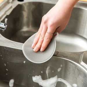 KJ57K ซิลิโคนทำจากซิลิโคน ใช้งานได้หลากหลาย รูปทรงกลม ใช้ซ้ำได้ นุ่มนุ่มๆ แบบสองด้าน เครื่องมือทำความสะอาดห้องครัว แปรงทำความสะอาด แปรงล้างจาน แปรงผักผลไม้