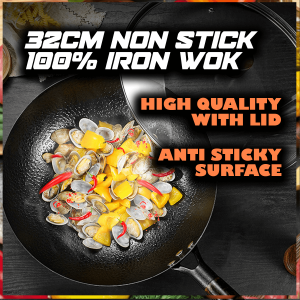High Quality 32CM Non Stick Wok 100% Iron Non Coating Wok With Lid 防粘花纹纯铁锅Kuali Hitam Non Stick Wok Frying Grill Pan