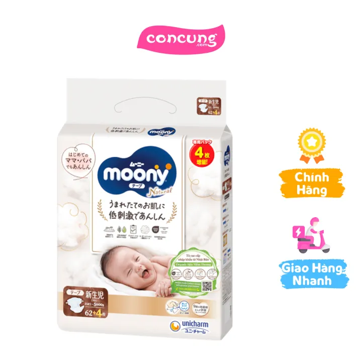 Tã dán Moony Natural (NB, 62 miếng + 4 miếng)