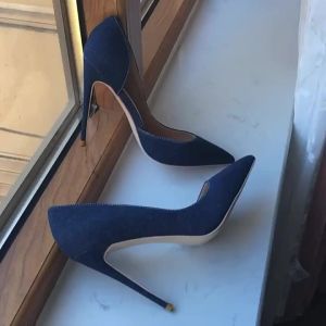 Tikicup Women Navy Blue Denim Fabric DOrsay Pointy Toe High Heel Shoes Elegant Comfortable Soft Stiletto Pumps Plus Size46