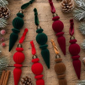 SINGLE 6PCS Oddly Shaped Flocked Finial Christmas Ball Exquisite Solid Color Long Finial Hanging Ornaments Creative Conical Shape Christmas Tree Hanging Decoration Home Decor