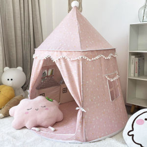 Kids Play Tent – Cotton & Linen Mongolian Tent for Ages 3-14 110x110x130cm Large Space Breathable Mesh Windows Fun Peek-a-Boo Window & Pom-Poms Indoor Outdoor Playhouse Gift for Children