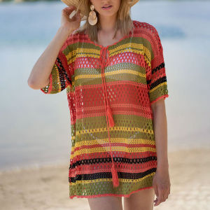 DN0896 Hollow Out Knitted Bikini Cover Up Women Tie Up Short Sleeve Beach Tunic Mini Dress Crochet Stripe Cover Ups Swim Wear