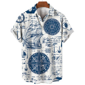 Mens Shirts Summer Fashion Nautical Graphic 3D Print Short Sleeve Casual Tops Beach Shirt For Men Oversized Loose Blouse
