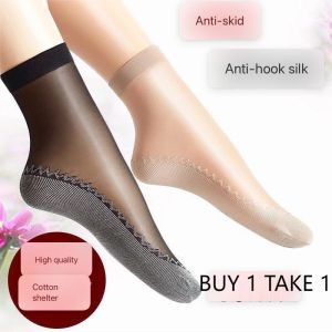 [Buy1 Take1] High Quality Nylon Socks Women Velvet Crew Socks Female Summer Thin Crystal Silk Sweat-absorbent Transparent Non Slip Ankle Socks Elastic Short
