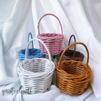 KERANJANG BULAT ROTAN MINI SOVENIR WADAH TELUR TEMPAT PARCEL MODEL TENGTENG PENYIMPANAN ASESORIS DIAMETER 85 CM