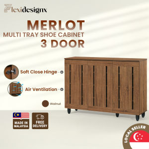 Flexidesignx MERLOT Shoe Cabinet 3 Door Soft Close /Shoe Rack Walnut Color Up to 20 Pair Shoe