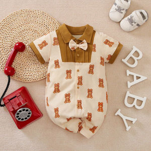 Baby Clothes 100% Cotton Bear Print Bow Tie Decorate Jumpsuit Bodysuit Romper One-piece For 0-18months Baby Boys