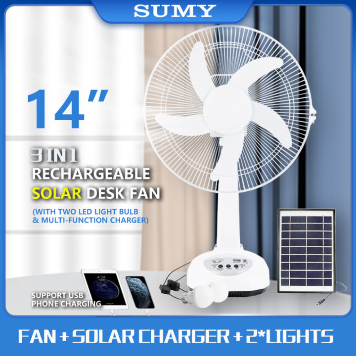 14 Inch Solar Fan Rechargeable Electric Fan Big Stand Fan With Solar Panel With 2 Light Usb 8994