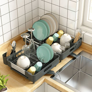Expandable Dish Drying Rack Over Sink Stainless Steel Adjustable Dish Basket Drainer with Telescopic Arms Functional Kitchen Sink Organizer for Vegetable Fruit and Tableware