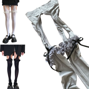 Womens Suspender Pantyhose Hight Waist Tights Pantyhose Garter Belt Tights Sweet Bows Ruffle Thigh High Stockings