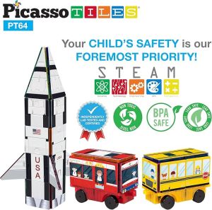 PicassoTiles Magnet Building Blocks STEM Learning Construction Toy Set Early Education Kit 3-in-1 Rocket School Bus Tr