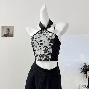 Áo cổ halter in họa tiết chinoiserie retro không tay cài nút