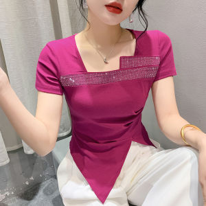 Yimei Áo thun kim cương nổi bật thời trang mới nhất 2024 áo tay ngắn nữ thiết kế bất thường mùa hè ôm vừa