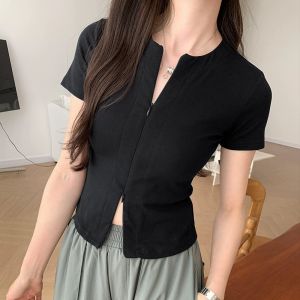 เสื้อยืดแขนสั้นทรงตรงสไตล์อเมริกันสุดฮอต ดีไซน์ซิปสองหัว เอวบาง สไตล์ฮอต