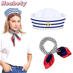 Heabety Women Small Square Scarf Sailor Cap Set Stewardess Striped Patchwork Satin Scarf With Carnival Christmas Striped Navy Sailor Cap