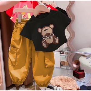 setelan baju kaos crop dan celana joger cargo anak bayi perempuan usia 1-5 tahun /baju anak cewe motif bear crop lucu