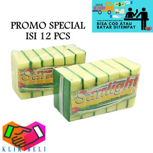 Klik-Beli (PROMO SPECIAL ISI 12 PCS) Sponge Cuci Piring Sanlight Spons 2 Sisi Kuning Hijau Satuan Halus Kasar Spon Bantal Dapur