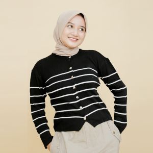 Cardi Rajut Qinara Kancing Mutiara / Cardigan Rajut Belang Korean Style / Outer Cardigan stripes