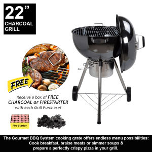 22-Inch High Quality BBQ Black Porcelain Enamel Charcoal Smoke Grill with Lid Thermometer & Trolley Wheels