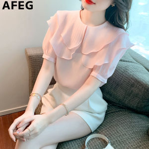AFEG new Korean version doll collar ruffled fashion loose all-match temperament chiffon short-sleeved blouse for women