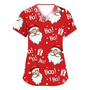 Christmas Scrub Tops Women Nursing Uniforms V-Neck Short Sleeve Fun Printed Scrubs Top with Pockets