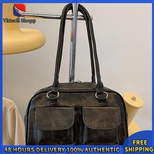 Vktech Fashion Women Tote Bag Solid Color PU Leather Double Pocket Large Capacity for Shopping and Work
