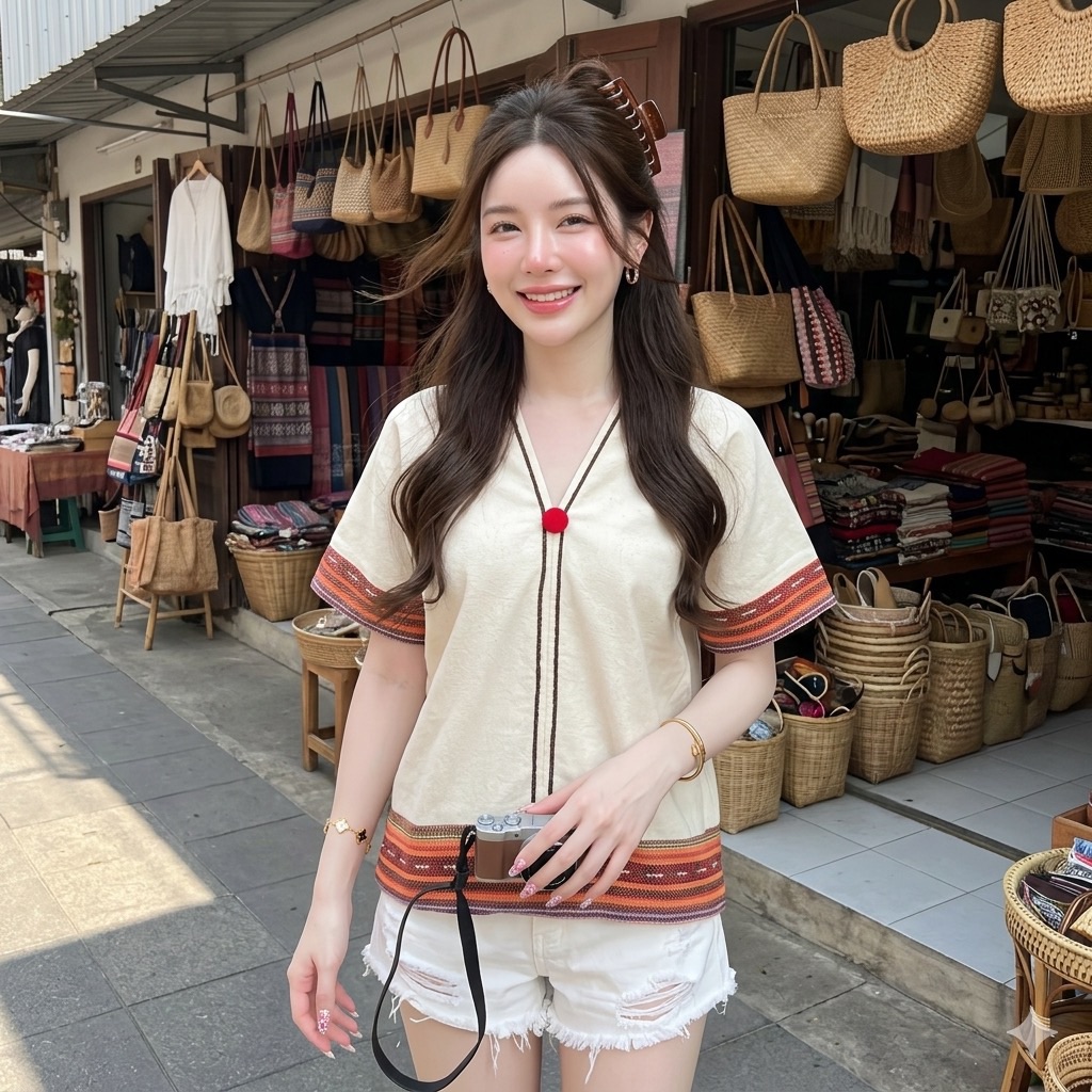 LANNA เสื้อผ้าฝ้ายคอวีหน้าหลัง แขนลวดไหล่ แต่งผ้าทอนากา ทรงหลวมสบาย คละสี มุมมองที่ 4