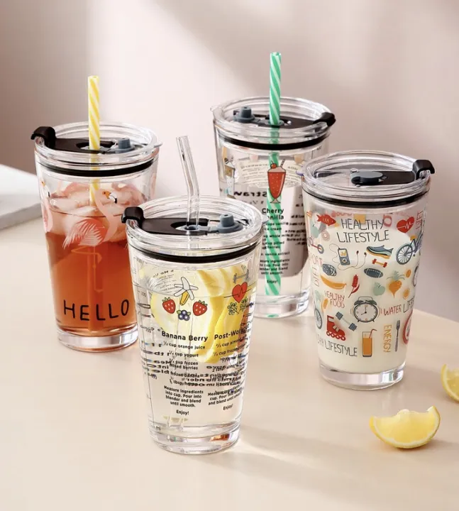 Glass Mug Cute Cup Tumbler Bottle With Lid 400ml High Quality Glass (Straw Included) | Lazada Philippines