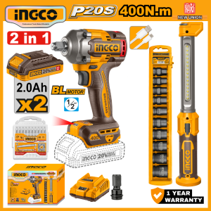 INGCO 20V CORDLESS IMPACT WRENCH & WORK LIGHT COMBO KIT | BRUSHLESS MOTOR | COSLI23048