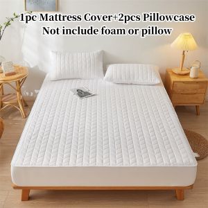 Waterproof Quilted Mattress Protector With Pillowcase Cotton Thicken Fabric Fitted Bedsheet Bed Foam Cover Fully Garterized Bed Cover