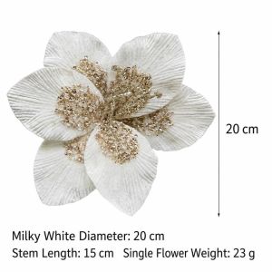 MAKERVY 1PC 20cm Poinsettia Artificial Flowers Flannel Glitter Sequin Christmas Fake Flowers Photography Props Magnolia Flowers Xmas Year Decor