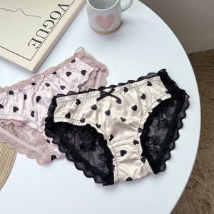 GOOTRADES ผ้าไหมซาตินผ้าไหม กางเกงในโบว์ลูกไม้ ลายความรักแบบ ตาข่ายดอกไม้ กางเกงในโปร่งใส ระบายอากาศได้ระบายอากาศ เอวกลางเอว กางเกงในสำหรับผู้หญิง ชุดชั้นในชุดชั้นในสตรี