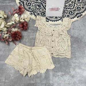 Set ren móc áo cánh tiên cài khuy gỗ phong cách boho sang chảnh