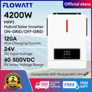 FLOWATT 4.2KW MPPT Off-Grid/On-Grid Hybrid Inverter 24Vdc 230VAC PV Panel Input 500Vdc Pure Sine Wave Solar Inverter Built-in 120A Solar Charger with RBG Light Can Work Without Battery