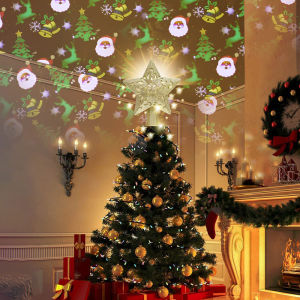 Christmas Tree Topper Lighted Snowflake with LED Rotating Santa Claus and Reindeer Projector Lights LED Treetop Projector for Christmas Ornament for Christmas Tree Decorations (Silver/Gold)