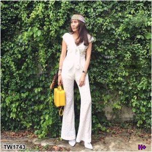 1743   Jump Suit จั้มสูทลูกไม้ขายาว ดีเทลผูกโบว์ด้านหน้า