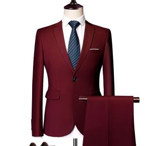 GUKENRO 2PCS Suits Set for Men High End Pure Color Slim Fit Formal Dinner Dress Groom Wedding Classy Classical Male Blazer
