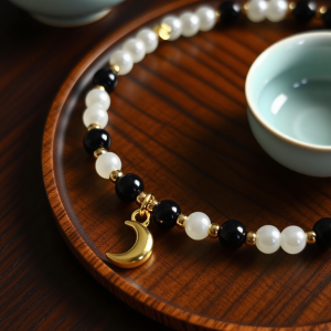 Black Pearl Gold Dainty Beaded Bracelet Moon Charm Elegant Handmade Wrist Accessory