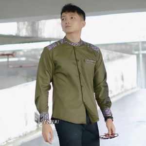 Elrumi Baju Koko Pria Lengan Panjang Motif Baladewa Kombinasi Batik Warna Olive