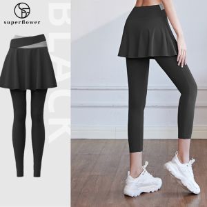 SUPERFLOWER Womens New High Waist 2 In 1 Piece Double Layers Fitness Exercise Running Training Yoga Sports Pants