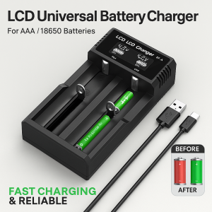 Multifunctional LCD lithium battery charger for business trips and home users. Intelligent identification and automatic judgment of battery type LCD display