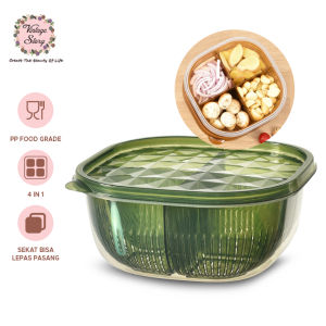 Toples Kotak Penyimpanan Kulkas Saringan Wadah 4 Sekat Tempat Buah Sayuran Bawang Serbaguna