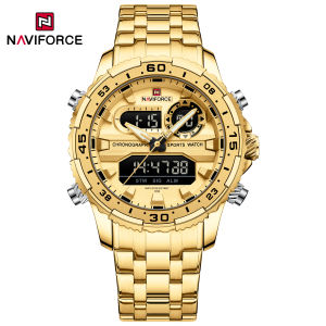 NAVIFORCE Men Watch Gold Stainless Steel Digital Display Watches Waterproof Original Design Date Wristwatch with LCD Lumious Hands Fashion Sport