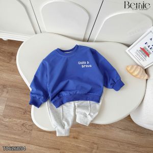 Set nỉ dài COZY & BRAVE cho bé trai bé gái áo xanh coban kèm quần dài ghi 11tới 28kg BERNIE T0626B54